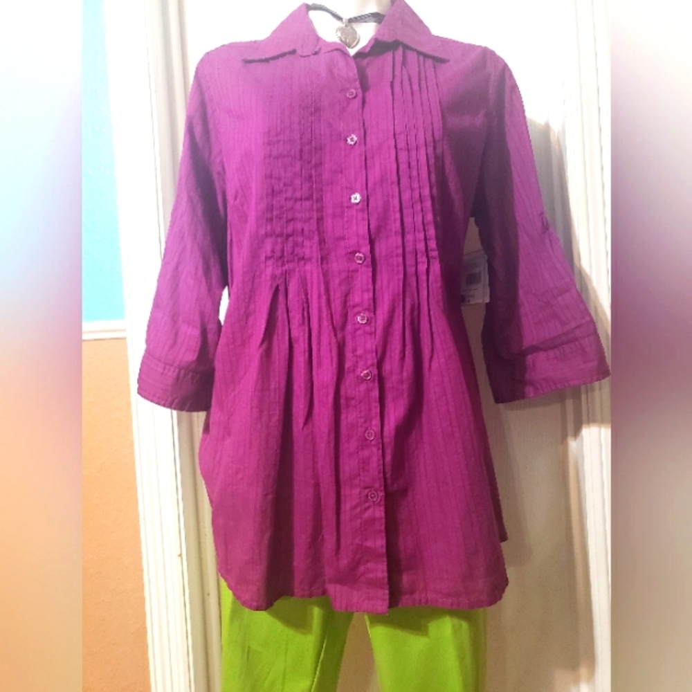 Plus purple fushia button down woman's 3/4 cotton blouse